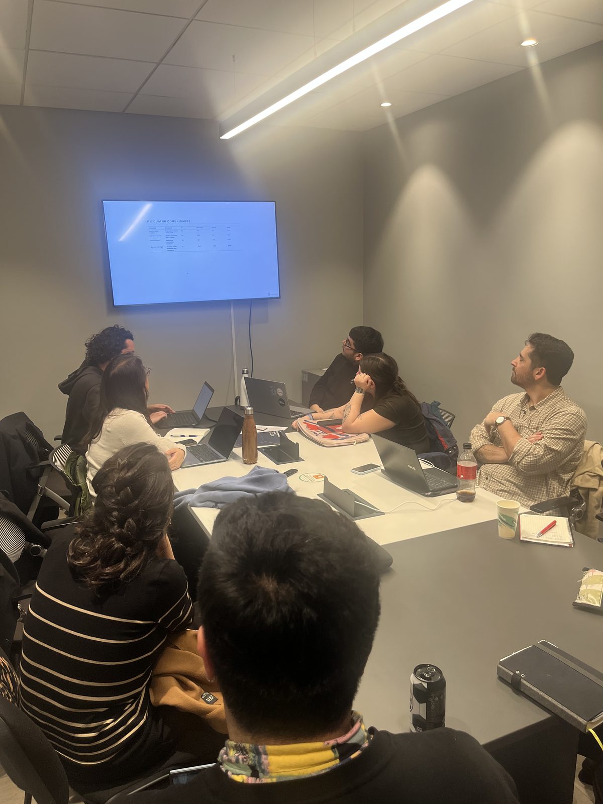 Group members around a meeting table, following a presentation on a wall screen
